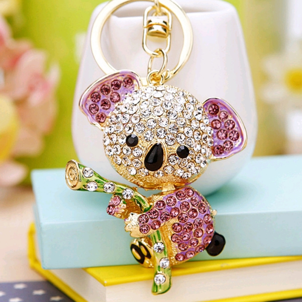 Pink Rhinestone Koala Bear Bobble Head Bag Charm & Keychain — NEW - Picture 2 of 7